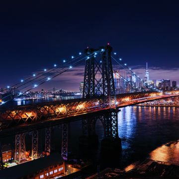 Williamsburg Bridge, New York City, Suspension bridge, City lights, Night, Cityscape, USA