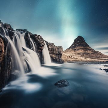 Waterfall, Scenic, Rocks, Aurora Borealis, Northern Lights, Mountain, 5K