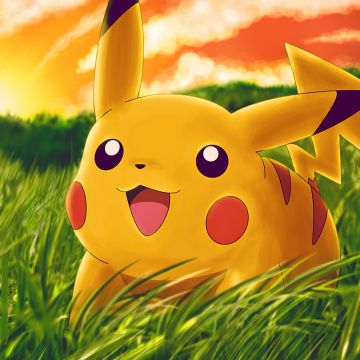 Pikachu, Adorable, Pokemon, Cartoon, Grass field, Sunset, Happy, Joyful