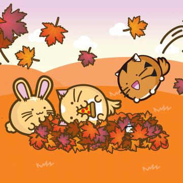 Fuzzballs, Autumn, Kawaii cartoon, Autumn foliage, Autumn season, 5K