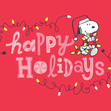 Snoopy, Happy holidays, Christmas decoration, String Lights, Red background, 5K, Peanuts