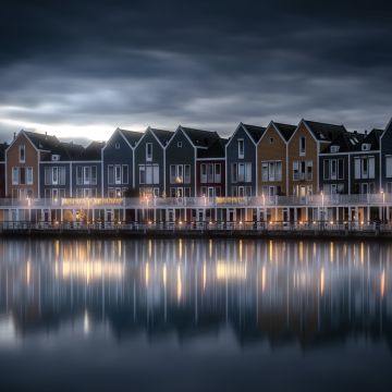 Rainbow houses, Netherlands, Colorful, Lakeside, Evening sky, Reflection, 5K, 8K, Scenic, Wooden House, Aesthetic, Dark clouds