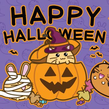 Happy Halloween, Fuzzballs, Kawaii cartoon, 5K, Purple background, Halloween Bats