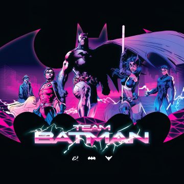 Team Batman, DC Comics, Neon art, DC Superheroes, 5K, AMOLED, Black background, Huntress, The Riddler, Dick Grayson, Robin (DC Comics), DC Superheroes