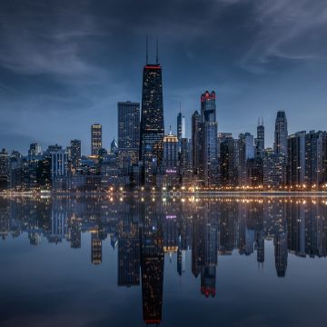 Chicago City, Skyline, Cityscape, Illinois, USA, United States of America, Urban, Skyscrapers, Dusk, Evening sky, Dramatic, Reflections, Lake Michigan, Waterfront, City lights, 5K, 8K