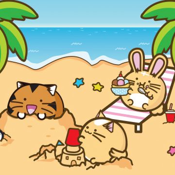 Fuzzballs, Beach, Summer, Palm trees, Tropical, Kawaii, Cartoon, 5K