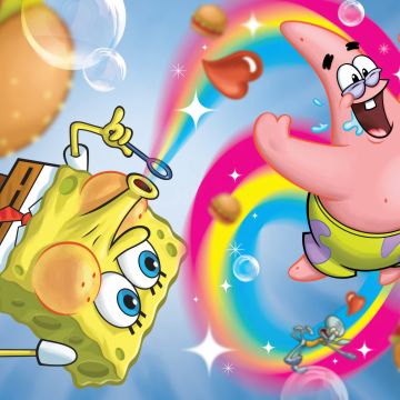 SpongeBob SquarePants, Rainbow, Bubbles, Patrick Star, 5K, Cartoon, Funny, Floating