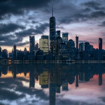 Manhattan Skyline, Hudson River, Cityscape, New York City, Skyscrapers, Urban, Metropolitan, 5K, Reflection, Dusk, Evening sky