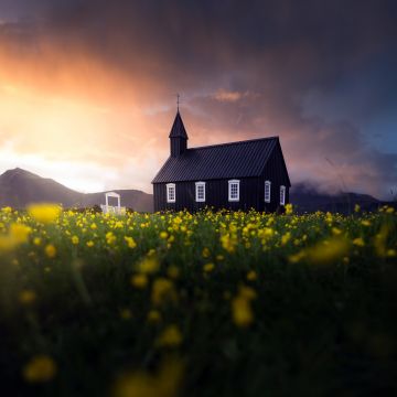 Black Church of Budir, Landscape, Iceland, Religious, Chapel, Christianity, Meadow, Sunset, Scenic, Tranquility, Isolated, Countryside, 5K