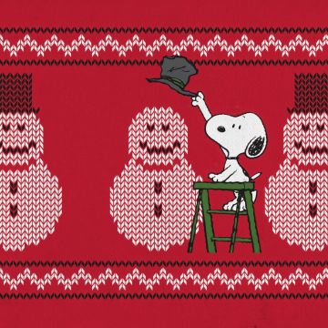 Snoopy, Snowman, Christmas background, Red background, 5K, Peanuts, Happy, Cartoon, Knitted, Illustration, Adorable, Cheerful, Festive season