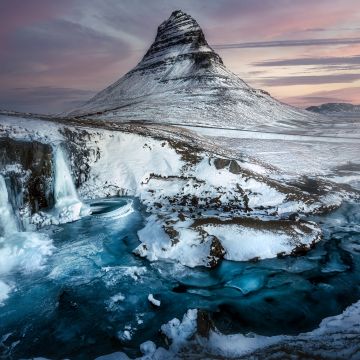 Kirkjufell mountain, Iceland, Waterfall, Winter Mountains, Scenic, Landscape, Twilight, Frozen, Tourist attraction, 5K, 8K, Arctic