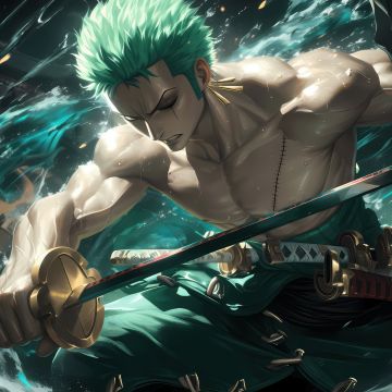 Roronoa Zoro, Muscular, Powerful, Fierce, One Piece, 5K, Green aesthetic, Sword