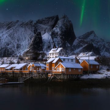 Lofoten Islands, Ultrawide, Norway, Aesthetic, Serene, Aurora Borealis, Northern Lights, Village, 5K, Snow covered, Snow mountains, Panorama