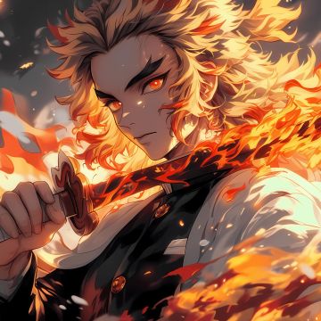 Kyojuro Rengoku, Sword, Fire effect, Demon Slayer: Kimetsu no Yaiba, 5K, Katana