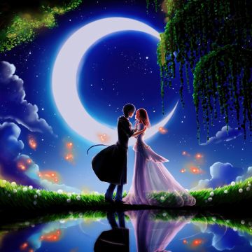 Anime couple, Kiss, Romantic kiss, Crescent Moon, Reflection, Dreamy, Magical, 5K