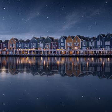 Colorful, Lakeside, House, Rainbow, Stars in sky, Evening sky, Reflection, Netherlands, 5K, Scenic, Wooden House, Aesthetic