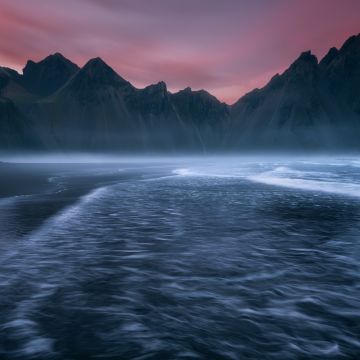 Vestrahorn mountain, Scenic, Iceland, Black sand beach, Ocean Waves, Sunset, Twilight, Dramatic, 5K, 8K, Stokksnes