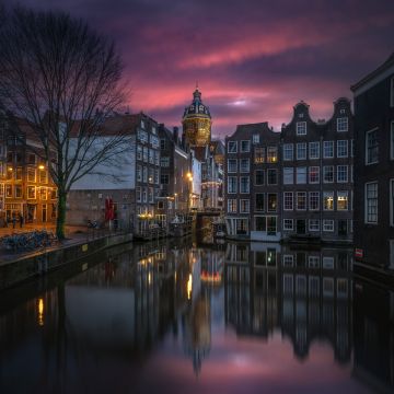 Amsterdam, Aesthetic, Night City, Sunset, Cityscape, Canal, Buildings, Reflection, European, Tourist attraction, Night photography, 5K