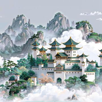 Chinese architecture, Temple, Clouds, Mountains, Asian, Surrealism, Fantasy artwork, Digital Art, AI art, 5K