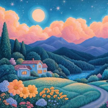 Dreamy, Scenery, Landscape, Serene, AI art, 5K, Peaceful, Moon, Clouds, Stars in sky, Countryside, Country road, Mountains, Spring flowers