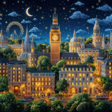 London, Aesthetic, Big Ben, Cityscape, Night City, Night sky, Stars in sky, Crescent Moon, Night illumination, Buildings, 5K, AI art, United Kingdom, England, Europe, Urban, Tourist attraction