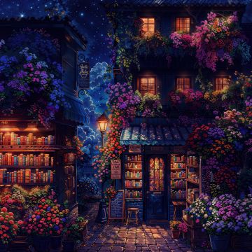 Cozy, Shop, Night illumination, Night sky, Books, Digital Art, Nostalgic, Vintage, AI art