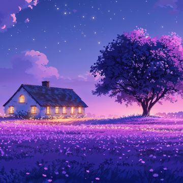 Purple aesthetic, Scenery, Landscape, Night sky, Serenity, Countryside, Tranquility, Digital art, 5K