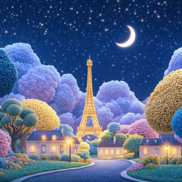 Eiffel Tower, Dreamy, Aesthetic, Night sky, Crescent Moon, Stars in sky, Illuminated, Digital Art, 5K