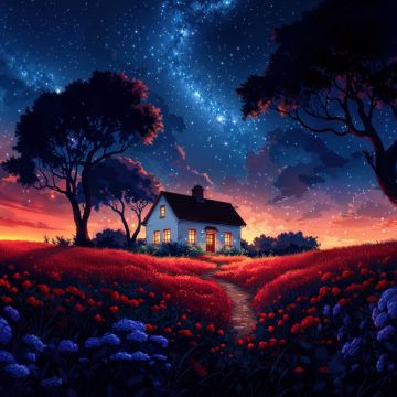 Surreal, Scenery, AI art, Landscape, Night, Milky Way, 5K, House, Aesthetic