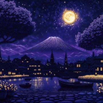 Mount Fuji, Aesthetic, Indigo background, Moon, Reflection, Night, Boats, 5K, AI art