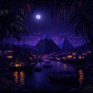 Egyptian Pyramids, Purple aesthetic, Night, Moonlight, Illuminated, Boats, Surrealism, Palm trees, 5K, Purple sky, Reflection