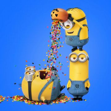 Minions, Halloween party, Funny, Blue background, 5K, 8K, Candies