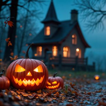 Haunted house, Halloween pumpkins, Halloween night, Jack-o'-lantern, 5K