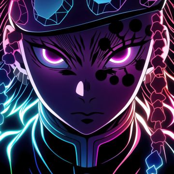 Tengen Uzui, Neon art, Demon Slayer: Kimetsu no Yaiba, AMOLED, Black background, 5K