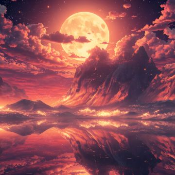 Volcanic, Moon, Burning Sky, Ethereal, Dreamlike, Apocalyptic, Celestial, Landscape, Digital Art, 5K