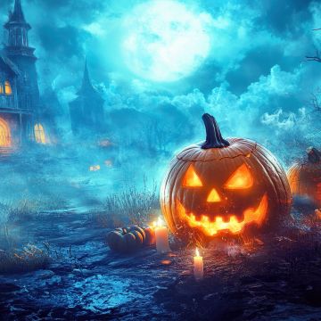 Haunted house, Halloween night, Halloween pumpkins, AI art, 5K