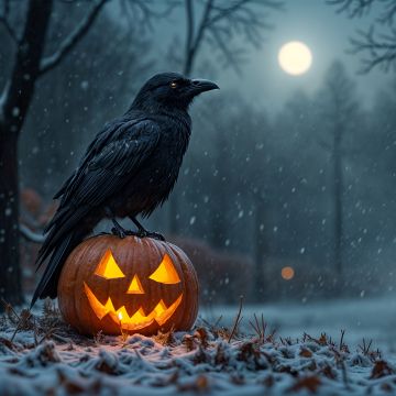 Halloween Pumpkin, Crow, Halloween night, Snowfall, Winter snow