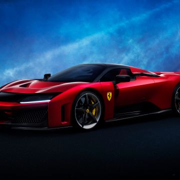 Ferrari F80, Supercar, 2025, Red cars, 5K, Blue background