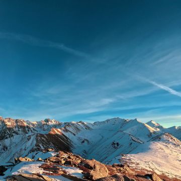 Snowy Mountains, Scenic, Blue Sky, Outdoor, Sunny day, Panorama, 5K