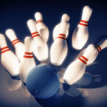 Bowling pins, Bowling ball, Blue background, 5K