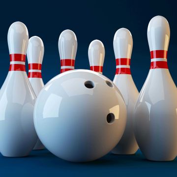 White, Bowling pins, Blue background, 5K, 8K, Bowling ball