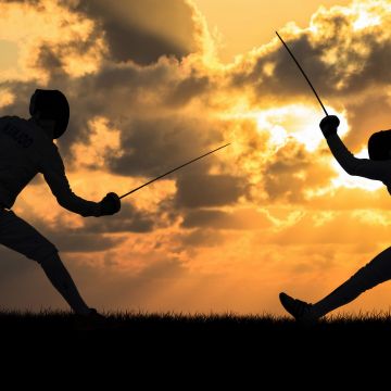 Fencing, Sword fight, 5K, Silhouette, Dusk