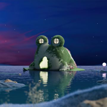 Frog house, Aesthetic, Night, Dreamlike, Starry sky, Lake, 5K