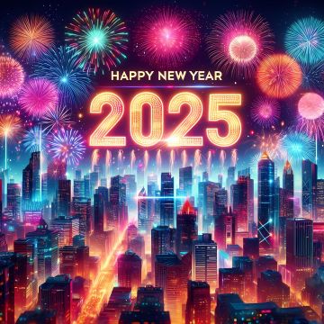 2025, New Year celebrations, Happy New Year 2025, Futuristic city, Neon city, Fireworks, 5K