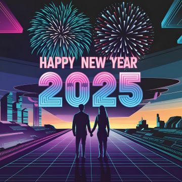 Happy New Year 2025, Couple, New Year celebrations, Dystopian, Cyberpunk, Neon city, 5K