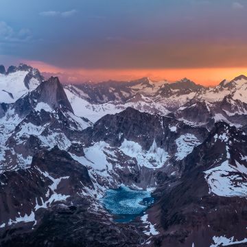 Mountain Landscape, Alps, Scenery, Snowcapped mountains, Mountains, Mountain Peaks, Sunset, Dusk, Dramatic, Panoramic, Aerial Photography, 5K, 8K, Mountain lake