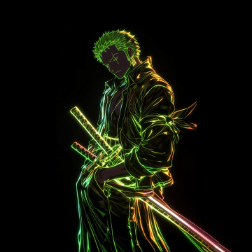 Roronoa Zoro, Neon art, AMOLED, Black background, One Piece, 5K