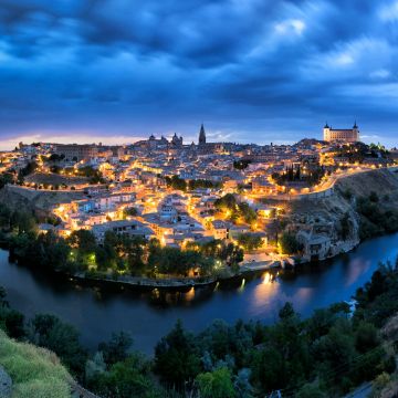 Toledo, Spain, Cityscape, Nightscape, Night City, City lights, 5K, 8K, Panoramic