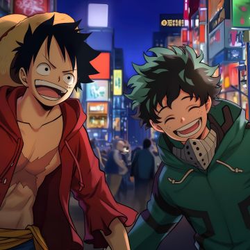 Monkey D. Luffy, Izuku Midoriya, My Hero Academia, One Piece, 5K, Laughing