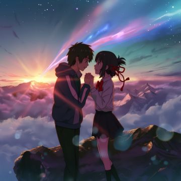 Kimi no Na wa, Love couple, Your Name, Mitsuha Miyamizu, Taki Tachibana, 5K, Anime couple, Comet Tiamat, Shooting stars